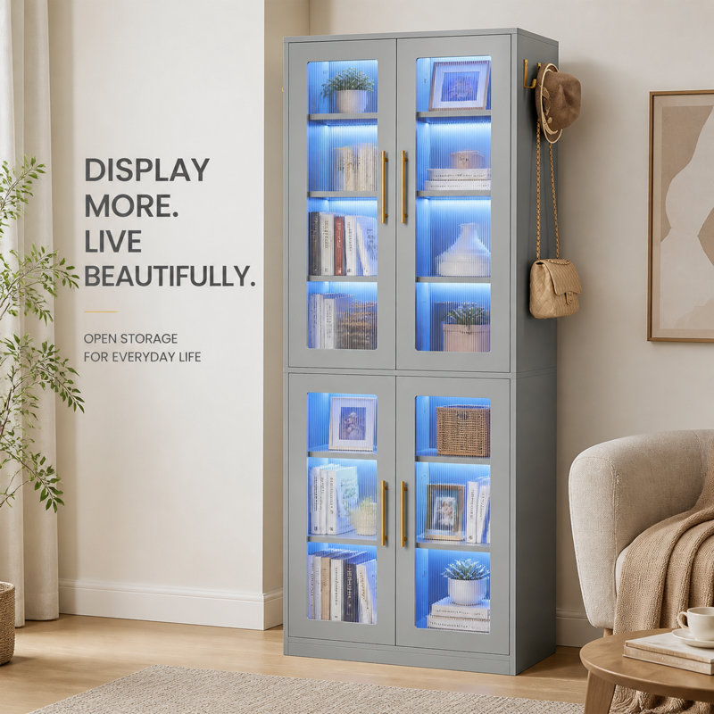 Bibliothèque moderne grise de 170 cm de haut avec portes en acrylique cannelé et éclairage DEL