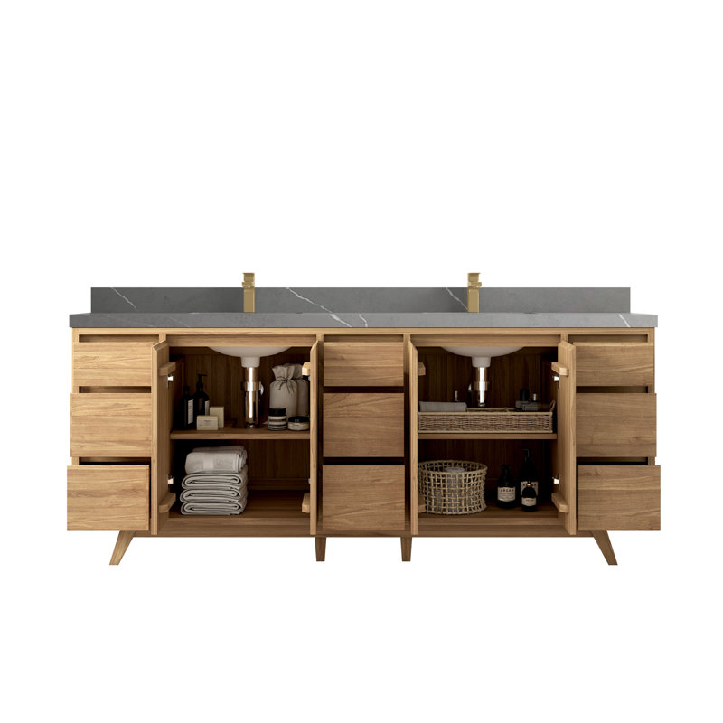 Ensemble de meuble-lavabo double 84 po, Naturel, Gris Piatra
