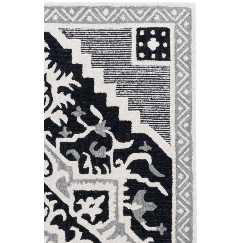 Laine touffetée à la main Heritage 675 Coton Tapis oriental en latex noir / ivoire, Rectangle 6 pi x 9 pi
