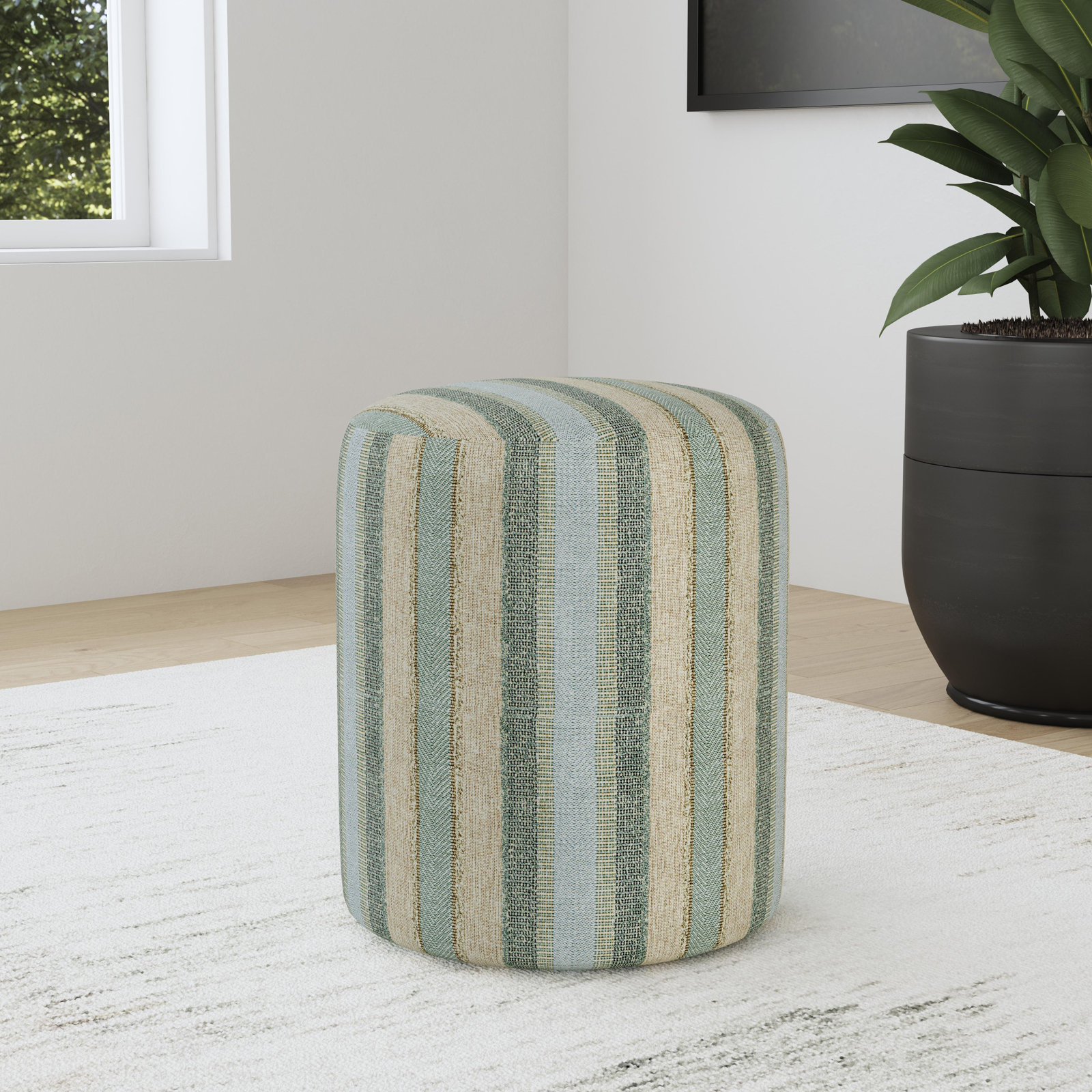 Birchbrook Upholstered Ottoman, Blue/Brown Polypropylene/Olefin