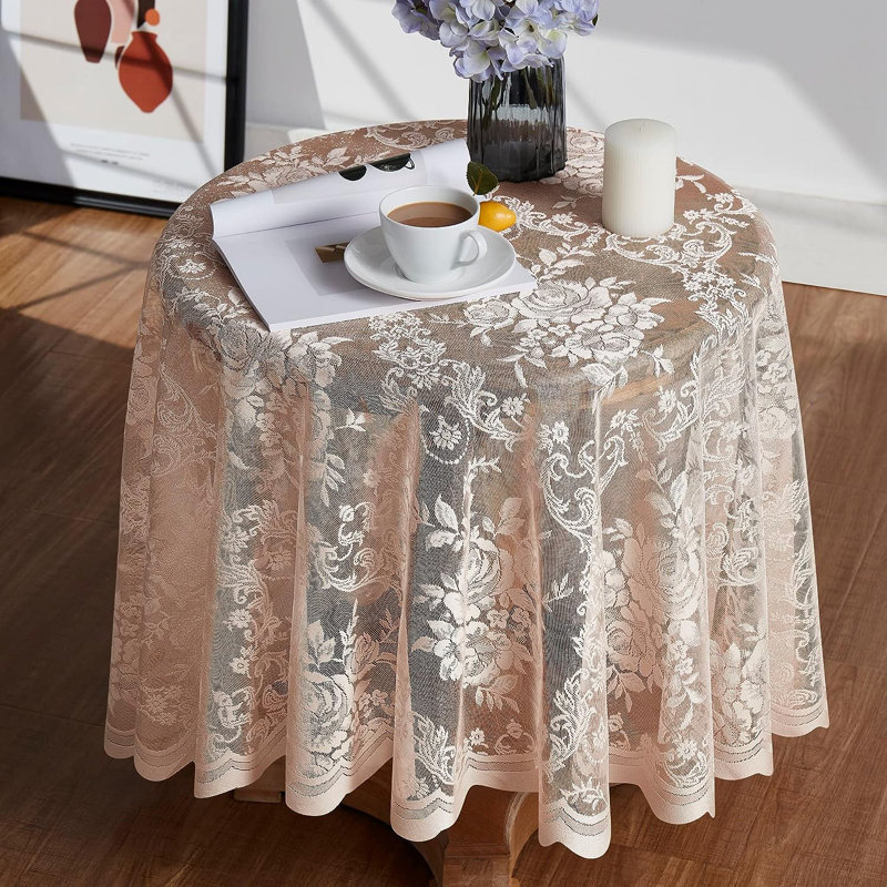 Lace Round Tablecloth With English Rose Design, Linen, 60" W x 60" L