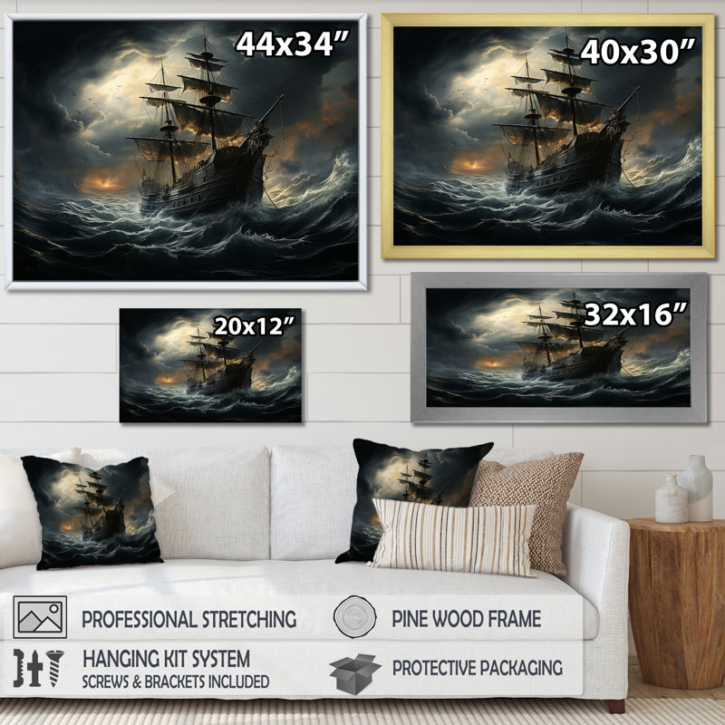 Pirate Ship At Stormy Seas - Art mural encadré pirate, Cadre simple blanc, H 34 po x l 44 po x P 1,5 po