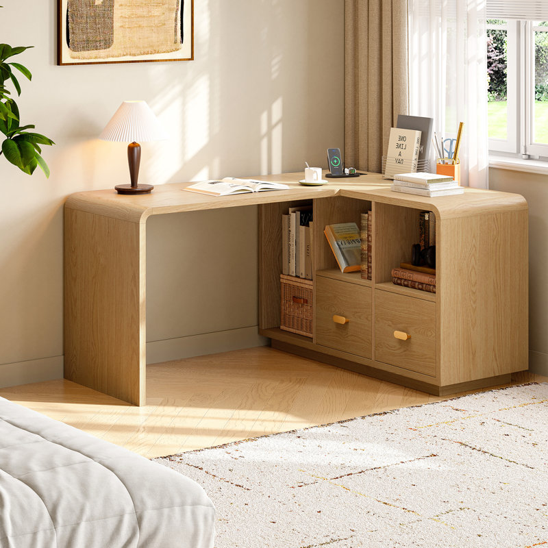 58" Executive L Shaped Desk, Home Office Desk With File Drawers, Computer Desk With Power Outlets And Storage Shelves, Oak
