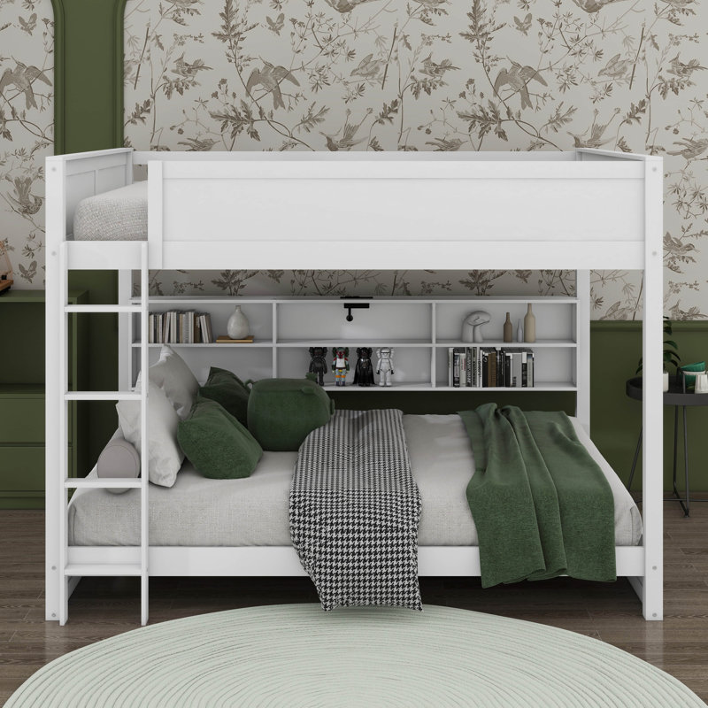 Queen Over Queen Bunk Bed With Storage Cabinets And USB Ports, White