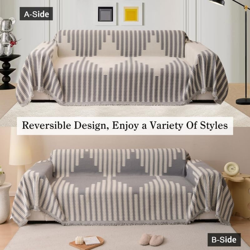 Box Cushion Sofa Slipcover, Polyester - Beige Geometric