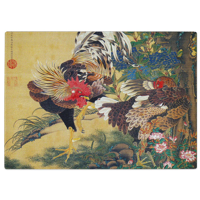 Tempered Glass Two Roosters by Ito Jakuchu Cutting Board, 28.5 cm W x 20 cm L