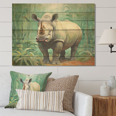 Rhinoceros Jungle Horizon - Rhinoceros On Wood Print