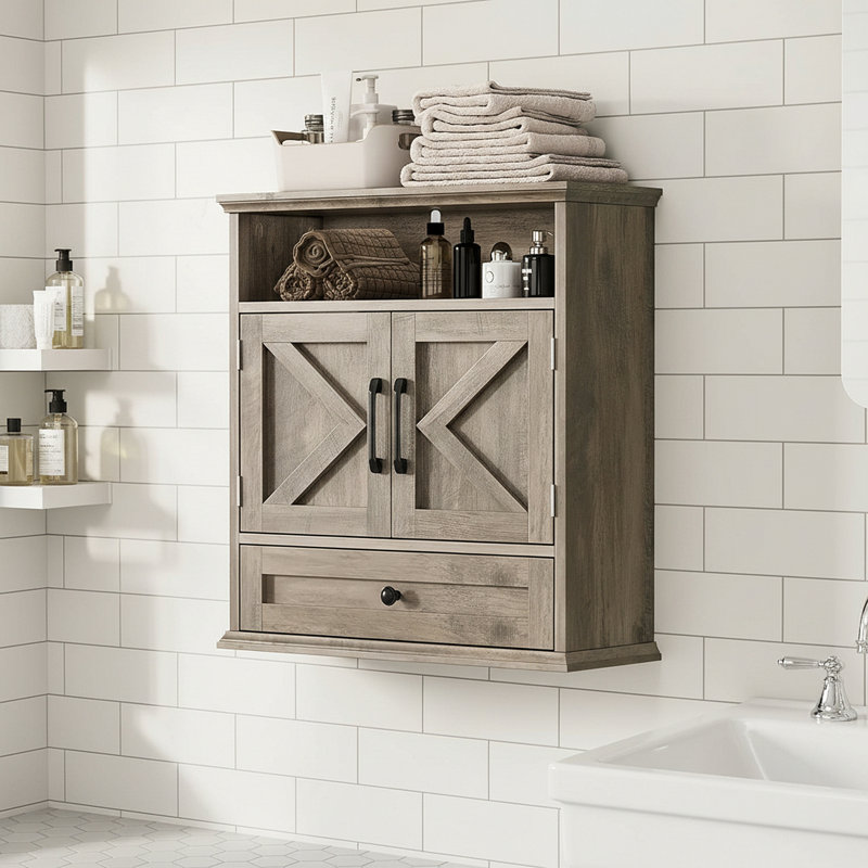 Bathroom Wall Cabinet, Wall Mounted Medicine Cabinet With Drawer, Barn Door & Adjustable Shelf,  Over Toilet Farmhouse Storage Cabinet For Kitchen, Laundry, Entryway