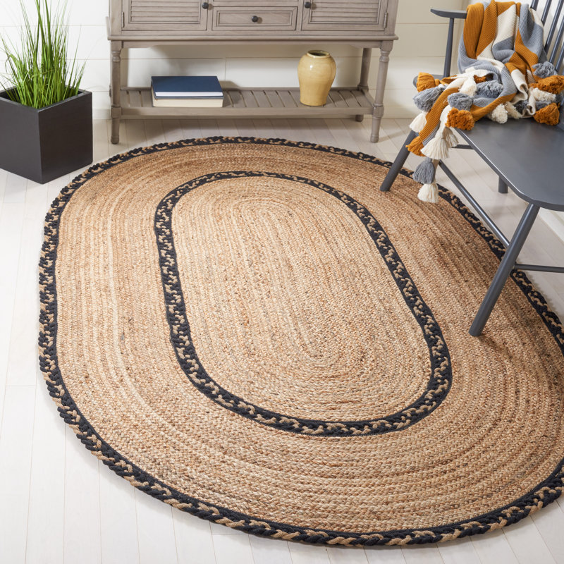 Triche Natural Fiber Hand Loomed Jute/Cotton Rug in Brown/Black, Oval 5' x 8'