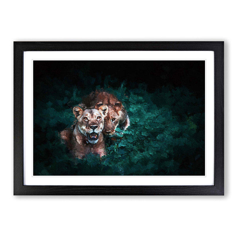 Two Lions in the Shadows - Picture Frame Painting Print on MDF, Black Framed, 36cm H x 48cm W x 2cm D