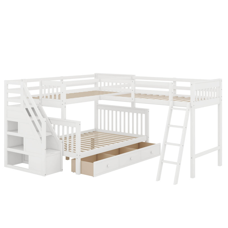 Lit superposé simple au-dessus d'un lit double en L avec tiroirs, échelle et escalier, Blanc
