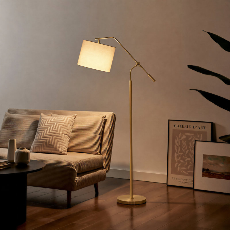 Claudie Sculptural Overhang Arm Standing Floor Lamp With Shade - Industrial Elegant Design, Brass