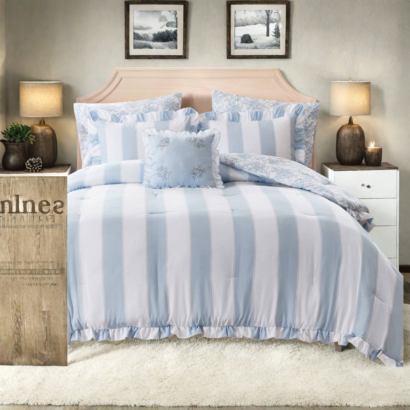 Ensemble de literie pour grand lit double, ensemble de volants en microfibre bleu pour chambre romantique