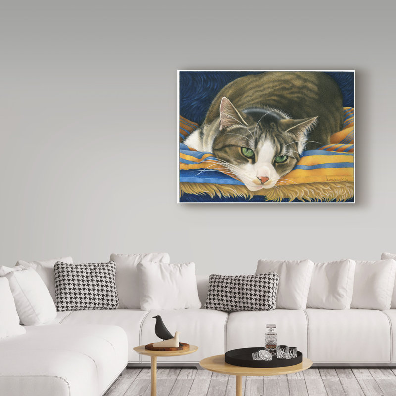 «A Grey Cat on Blanket», reproduction de peinture acrylique sur toile tendue Furtado, H 14 po x l 19 po x P 2 po