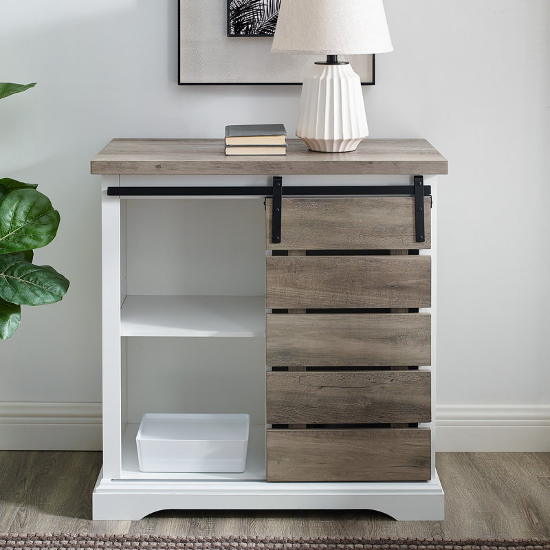 Stotfold 32" Wide Server with Sliding Slat Door, White/Gray Wash