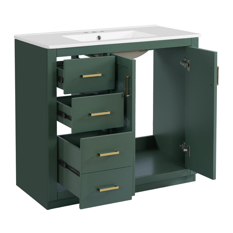 Meuble-lavabo 36 po avec lavabo en céramique, armoire en bois massif, rangement autoportant avec 3 tiroirs et portes à fermeture en douceur