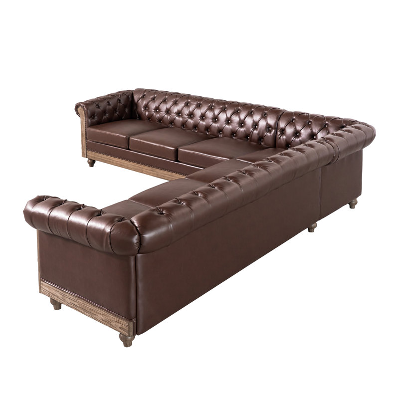 Grand canapé modulaire confortable avec pieds en bois Mirod, Simili cuir brun foncé