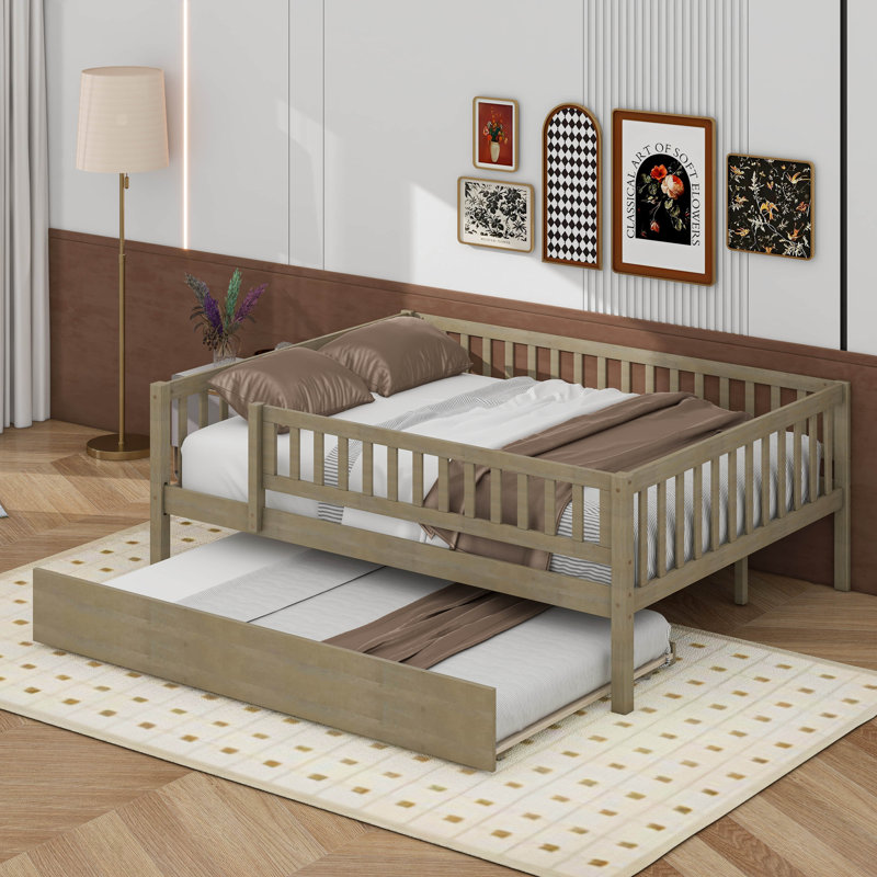 Full Size Wood Daybed With Trundle And Fence Guardrails