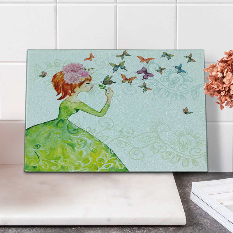 Caricature de planche à découper en verre trempé Ambesonne papillon rose pastel rose orange vert