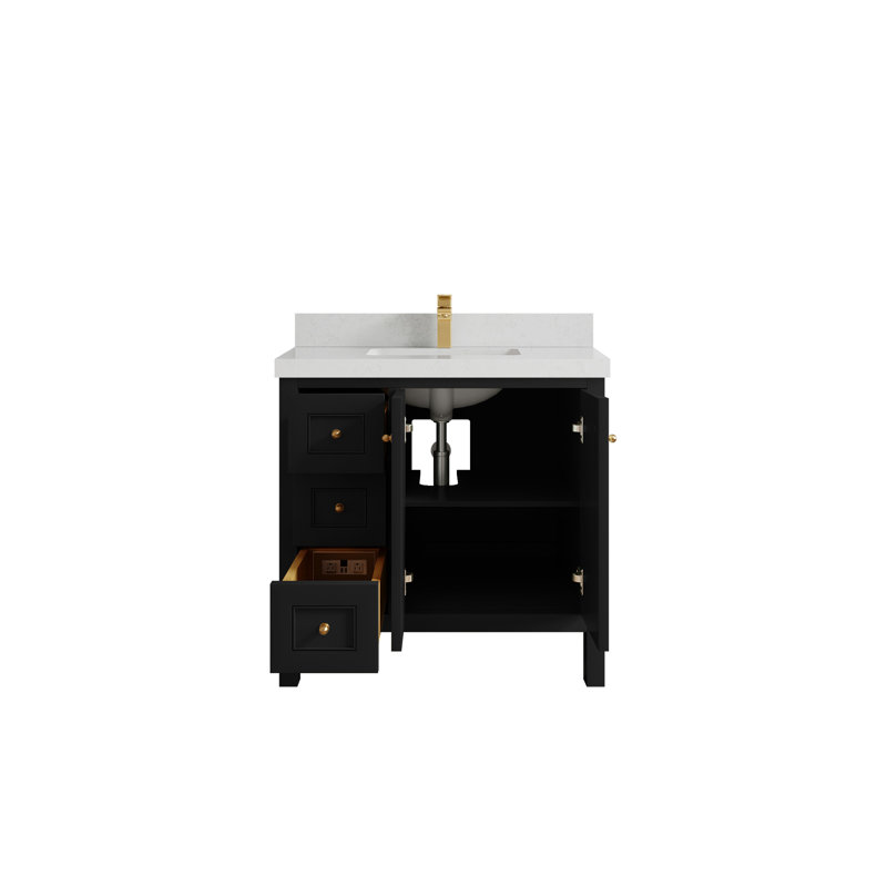 Nashville X P 22 po Meuble-lavabo central en albâtre, Noir / or brossé, Quartz de Carrare