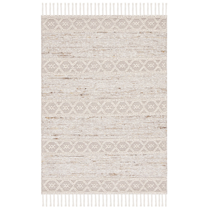 Tapis beige / ivoire en laine / coton tissé à la main Areionna, Rectangle 4 pi x 6 pi