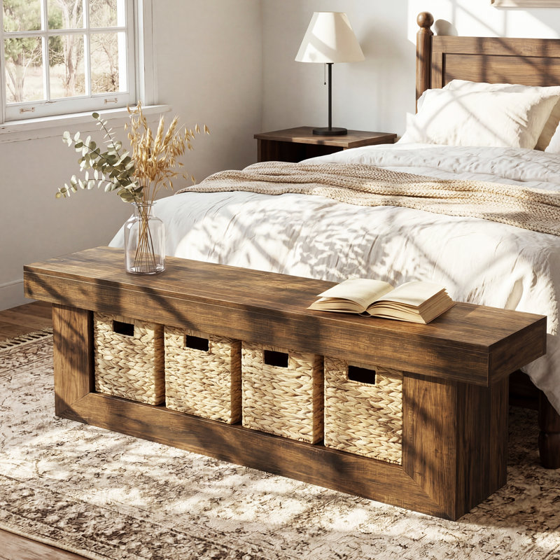 63" End Of Bed Bench, Rustic Wooden Storage Bench With 4 Baskets, Brown