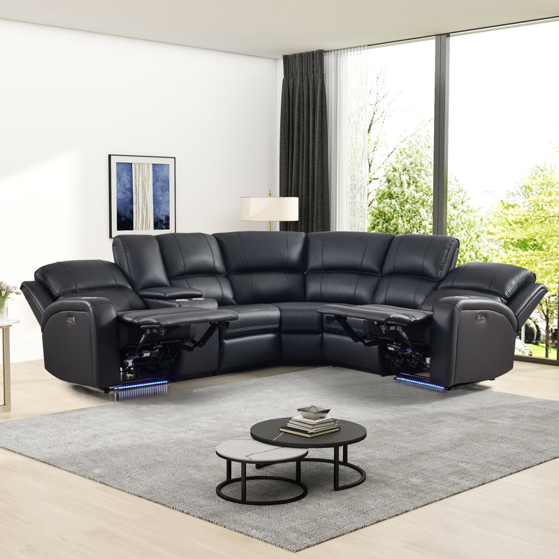 7-Piece Breathable Leather Power Reclining Sectional, Home Theater Couch With Storage, Cup Holder & LED, Black Faux Leather