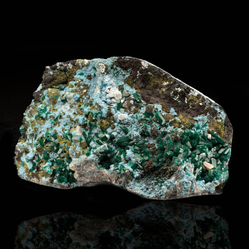 Dioptase with Shattuckite and Adamite
