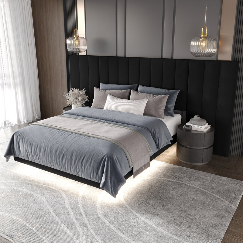 Upholstered Linen Wall Bed, Queen, Black