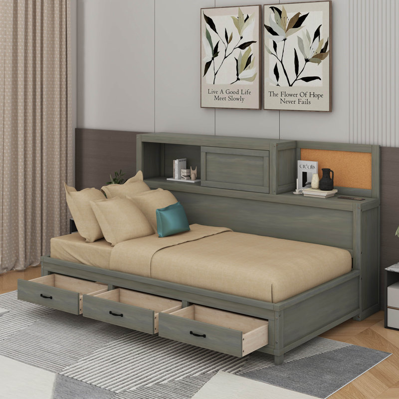 Wooden Daybed With Drawers, Shelf And USB Ports, Gray, Twin
