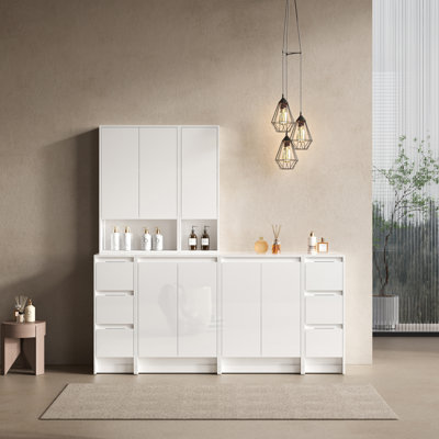 72" Freestanding Vanity Combination, 4-Storage Cabinet and 2-Wall Cabinet Combination, Soft Closing Doors and Drawers, Glossy White, Plywood(KD-Packing)