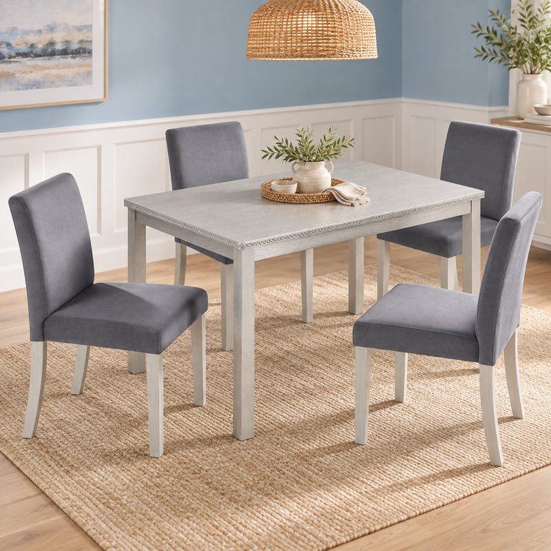 Ensemble de table de salle à manger en bois 5 pièces, ensemble de table de cuisine avec table rectangulaire et 4 chaises rembourrées, ensemble de table de salle à manger en bois avec décoration en cristal et chaises, gris argenté