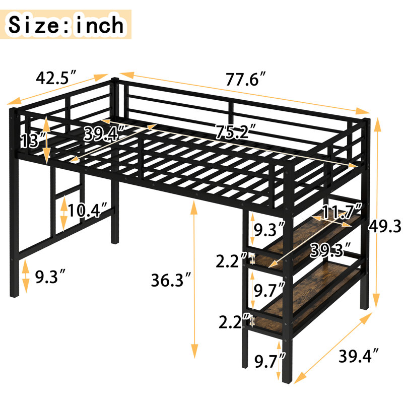 Lit mezzanine simple en métal noir, tablette de rangement, garde-corps, style classique, lit noir de 350 lb pour les adolescents, rangement, design minimaliste, assemblage facile,
