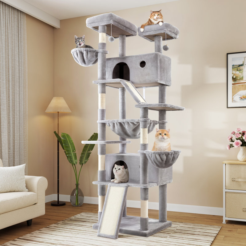 Arbre à chat 81 po avec poteaux à griffer en sisal, perchoirs, condos, paniers et hamac, Gris