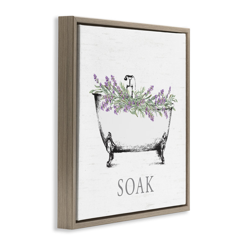 "Soak Bathaign", art mural encadré avec lavande, Cadre flottant orme Montalcino, H 18 po x l 18 po
