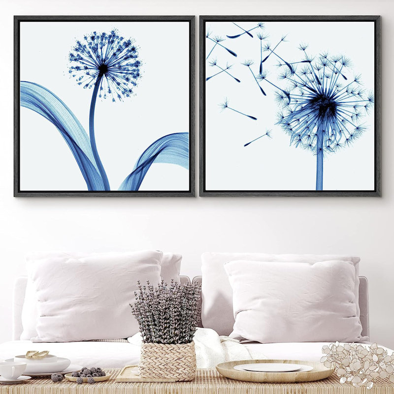 «Blue Dandelion Duo In The Wind Floral», reproduction sur toile 2 pièces, H 24 po x l 48 po x P 1,5 po, Noir