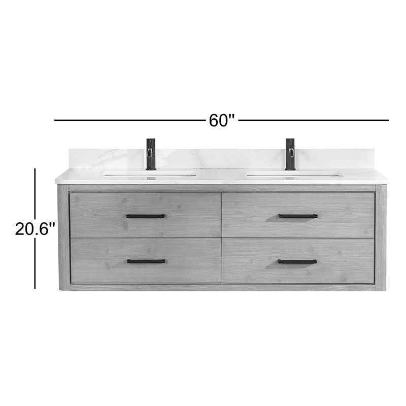 Cristo 60'' Wall Mounted Double Bathroom Vanity with Quartz Top, Dark Brown Oak