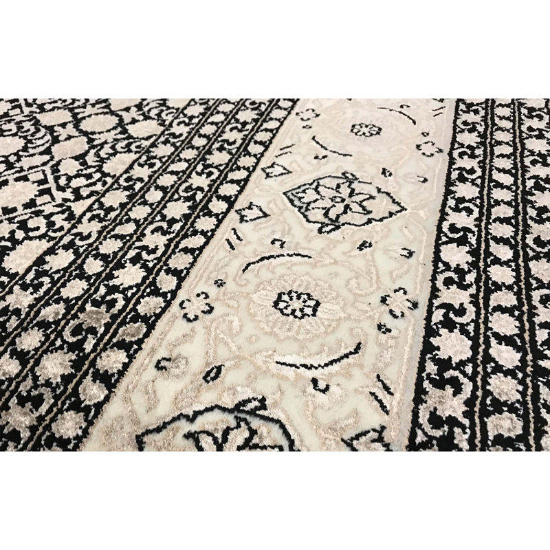 Tapis noir et crème noué à la main de haute qualité