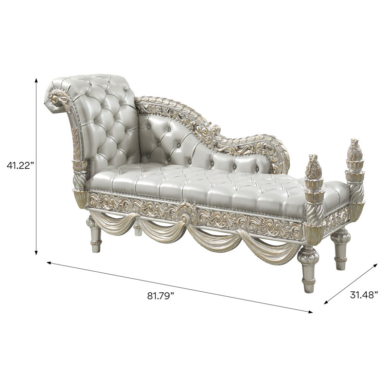 BENCH PU With Antique Silver Finish And Hand-Brushed Gold Accents, Featuring Rococo Scrolls And Floral Ornament Crowns, Button Tufted And Crystal-Like Buttons.