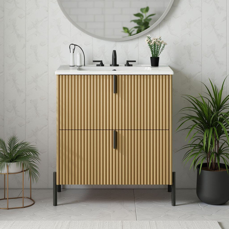 Meuble-lavabo 30 po avec tiroirs divisés et lavabo en céramique, Brun