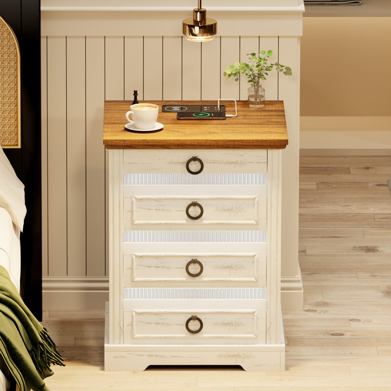 3-Drawer Nightstand whit Light, Antique White/Brown