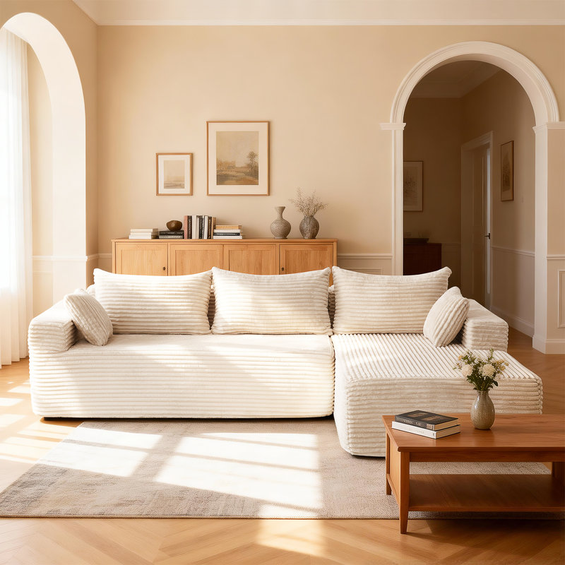 Canapé modulaire de 106 po avec méridienne, canapé en osier flanelle moelleux avec assise profonde, canapé modulaire en forme de L avec coussins pour le salon, petit espace, beige