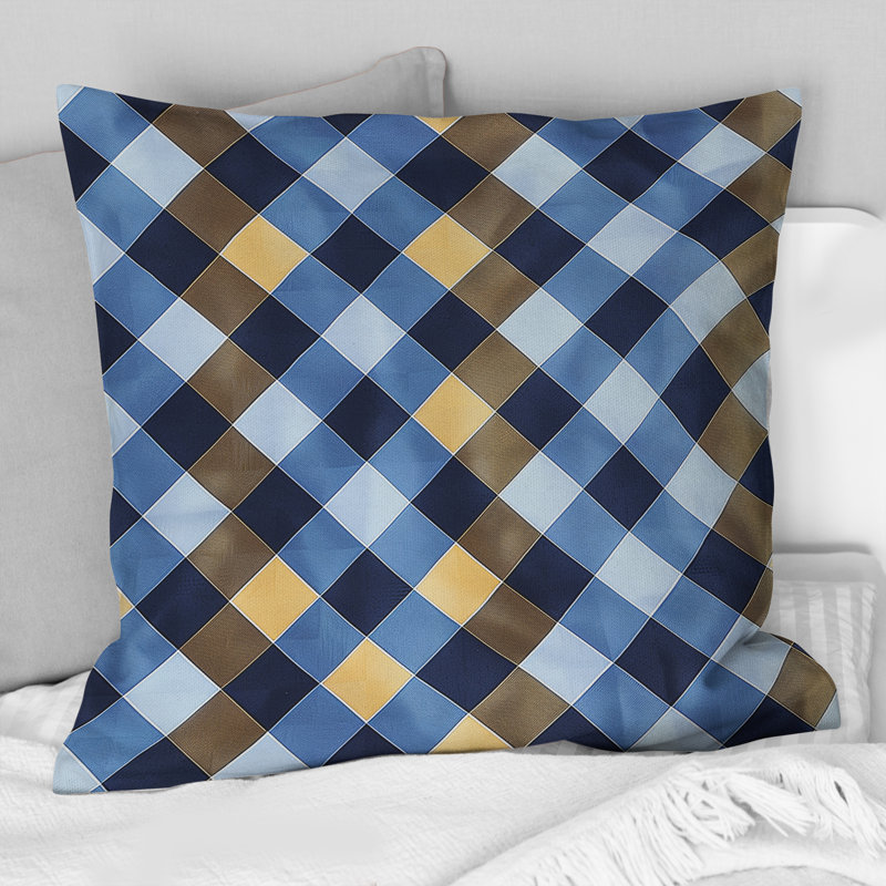 Imprimé vichy bleu et jaune II - Coussin moderne, H 16 po x l 16 po