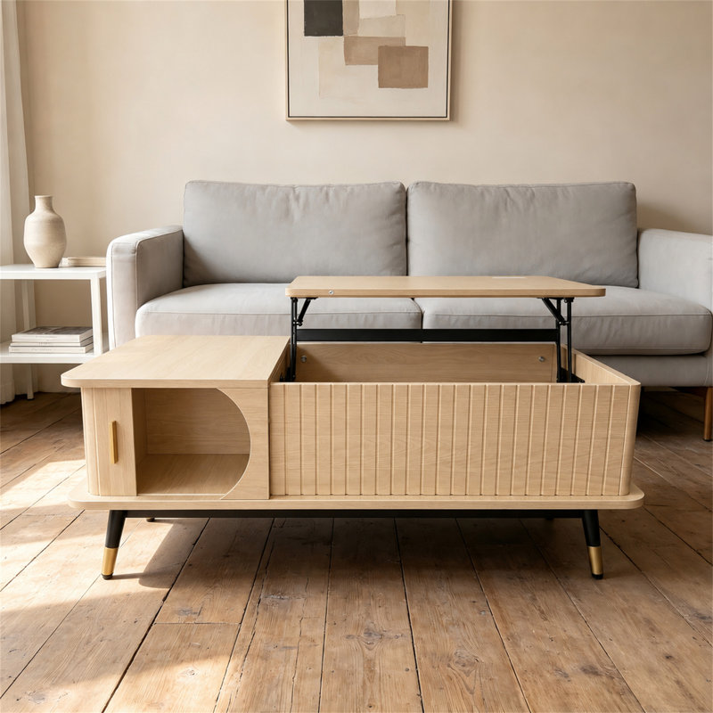 Table basse à plateau relevable en bois avec compartiment caché et grande tablette de rangement, Natural / Black,Gold