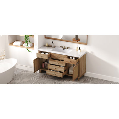 Meuble-lavabo spacieux de 60 po comprenant un lavabo, des tiroirs à fermeture en douceur, des armoires, de l'argent et 5 pieds en pin pour un style américain moderne de 60 pouces avec des structures de support à fermeture de quincaillerie