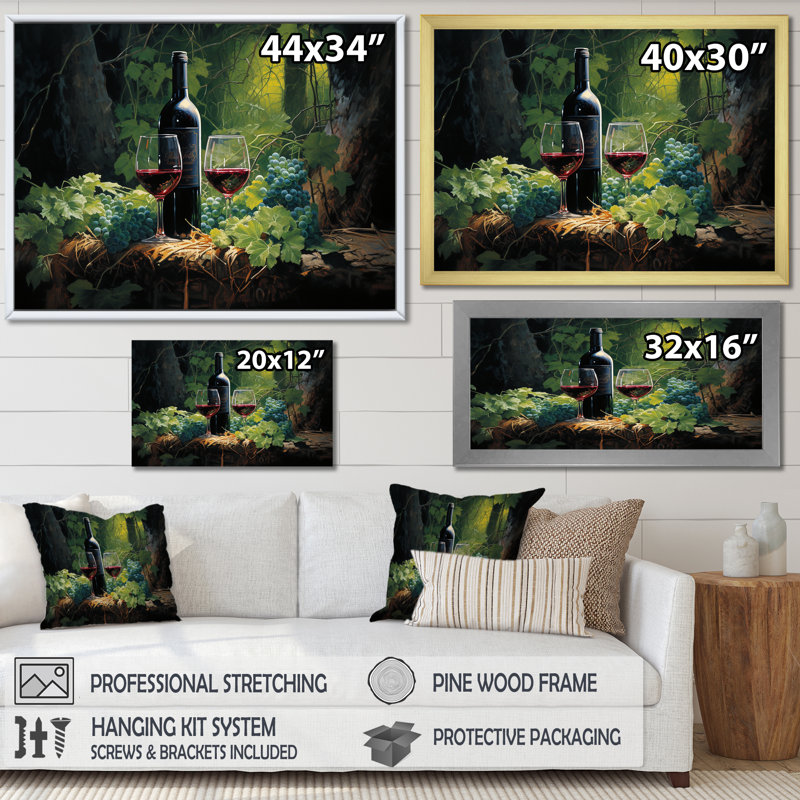Cabernets calmes I - vin, impressions murales, Cadre naturel flottant, 16" H x 32" W