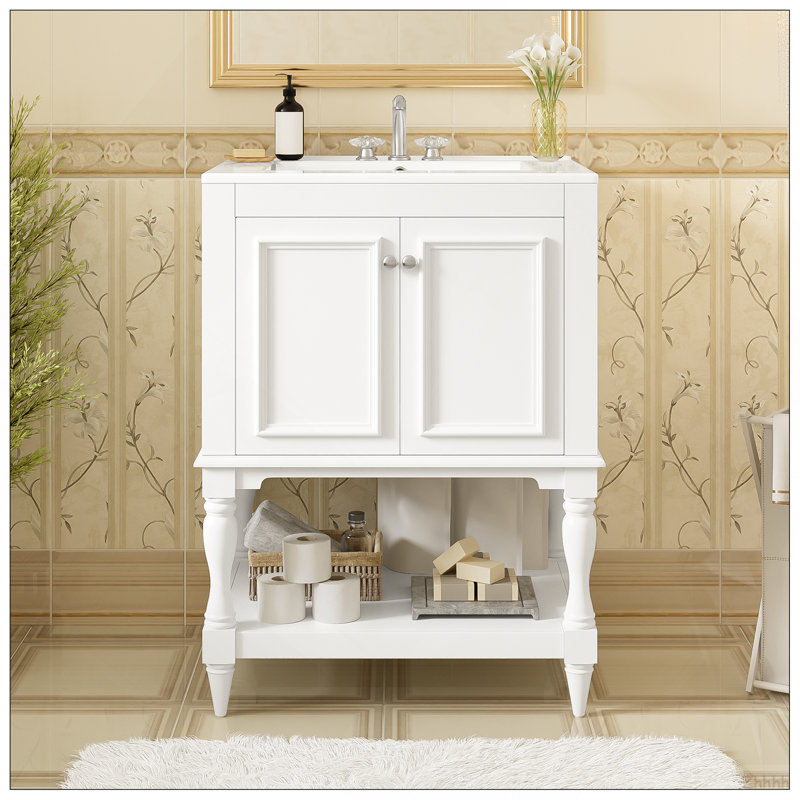 Meuble-lavabo de luxe moderne de 24 po avec lavabo en céramique, meuble de salle de bain avec tablette ouverte et rangement fermé
