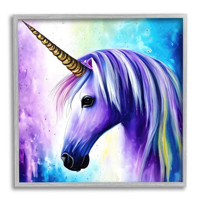 ba-883 - Encadré élégant licorne mauve par Denise Dundon, reproduction d'art sur toile, H 17 po x l 17 po x P 1,5 po