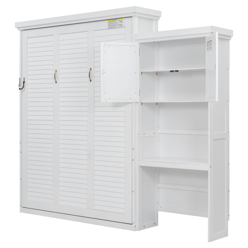 Lit escamotable avec plusieurs tablettes de rangement et décoration à persiennes, Blanc