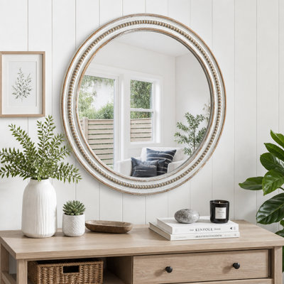 Decorative Round Wall Mirror with Rustic Beaded Frame 31.50"